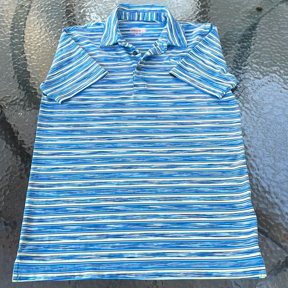 Mens Puma Golf Shirt, Size S, Turquoise, Yellow, and Navy